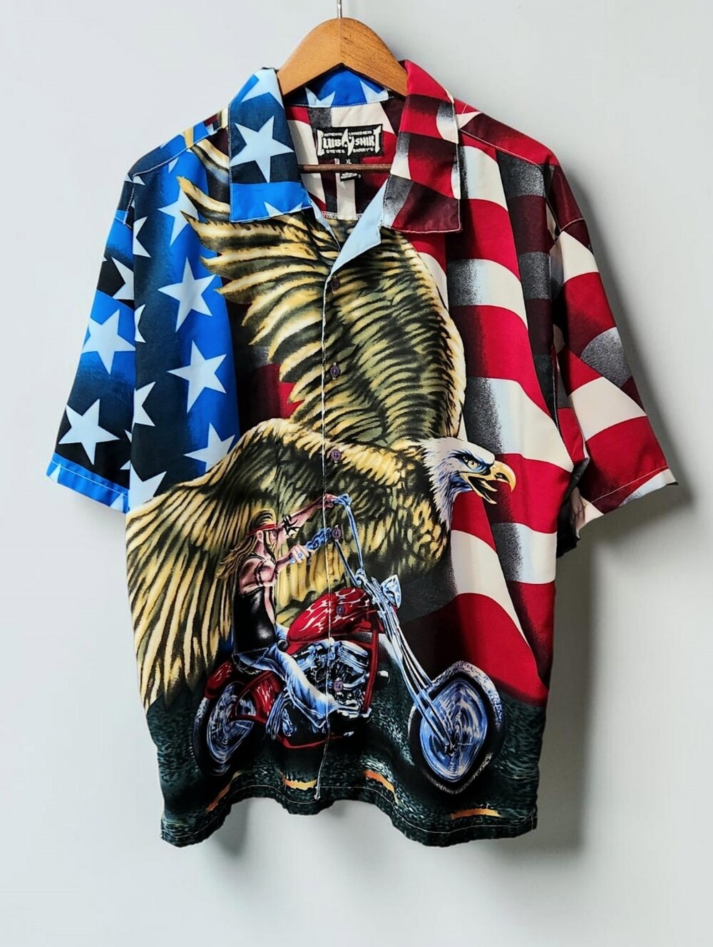 Steve Barrys US Flag Eagle Biker Club Shirt Mens XL Button Up Double Sided Y2K